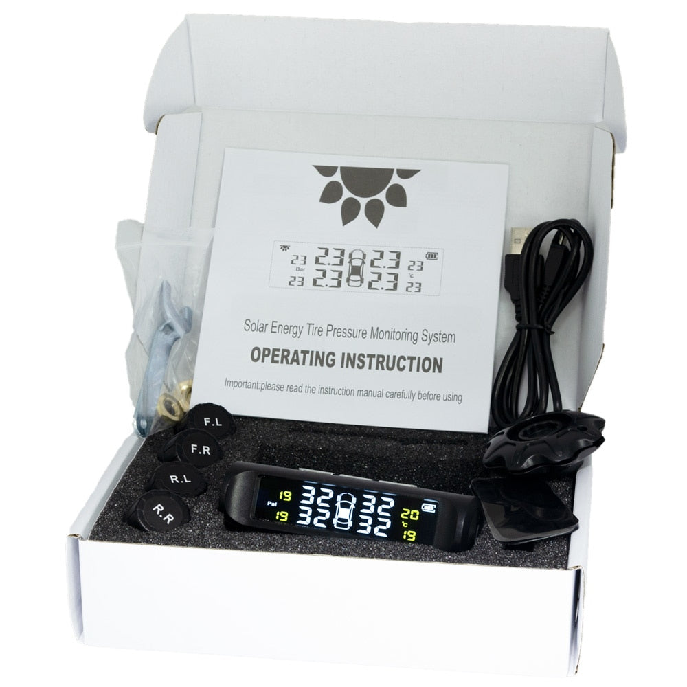 Universal Solar TPMS Wireless Tire Pressure Monitoring System Solar Charging TPMS Internal / External Sensors Cars LCD Display